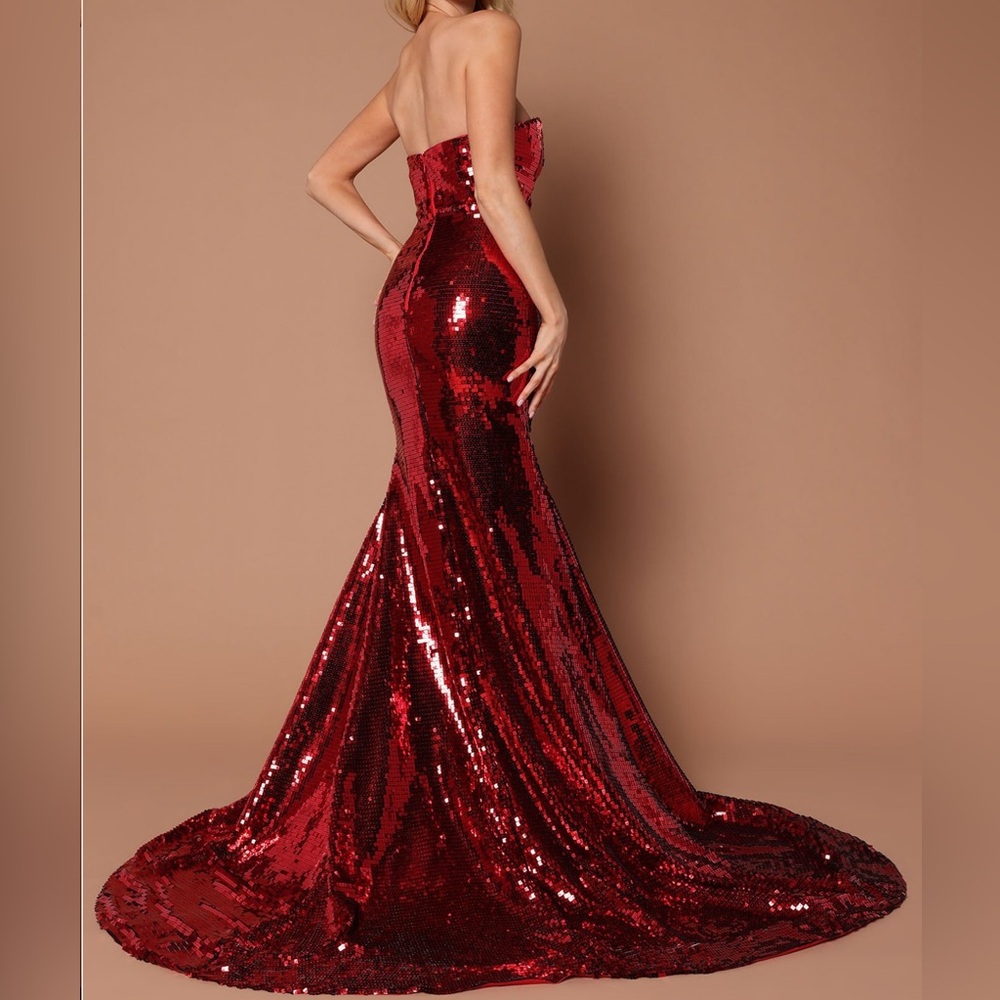 Sparkly red evening gown with train